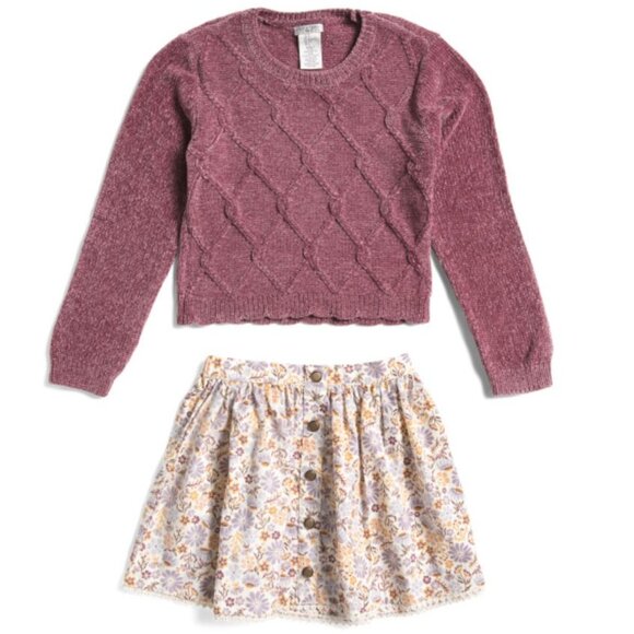 NWT MAX STUDIO Little Girls 2pc Chenille Cable Sweater & Floral Skirt Set Size 5 - Picture 1 of 13